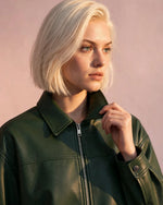 Women's Oversized Forest Green Full Grain Bomber Jacket Closeup - Jacket Aura