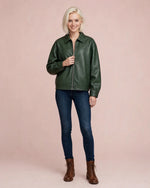 Women's Oversized Forest Green Full Grain Bomber Jacket Front  - Jacket Aura