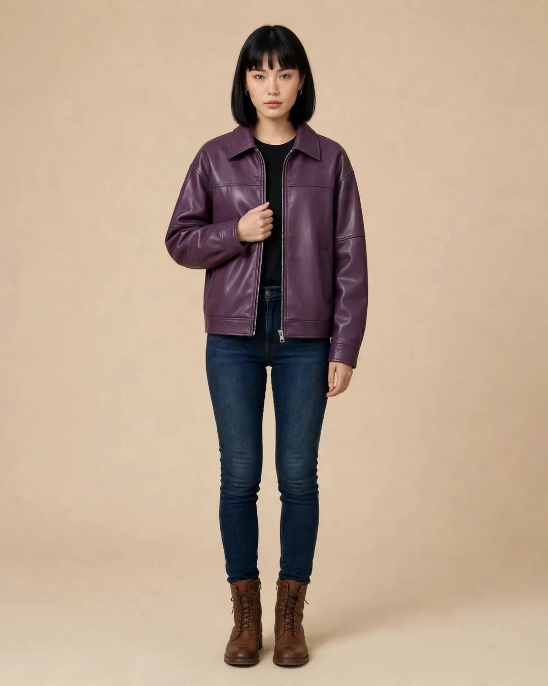 Women's Retro Purple Full Grain Leather Jacket Front - Jacket Aura