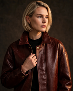Women's Vintage Burgundy Full Grain Leather Jacket Closeup - Jacket Aura