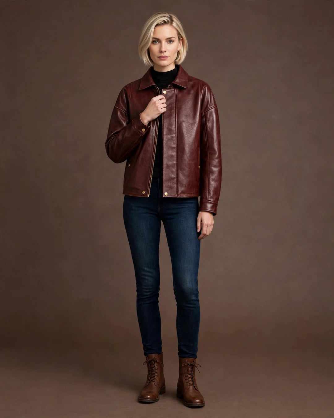 Women's Vintage Burgundy Full Grain Leather Jacket Front - Jacket Aura
