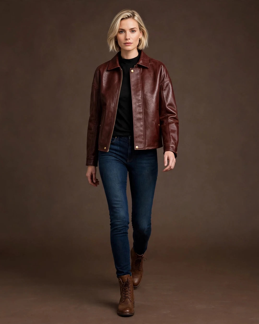 Women's Vintage Burgundy Full Grain Leather Jacket Front View - Jacket Aura