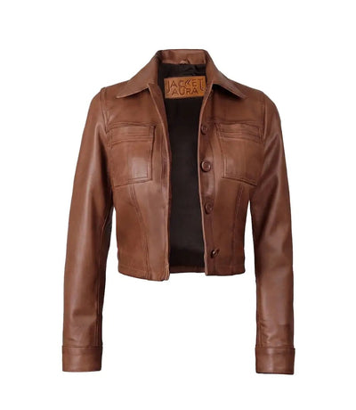 Women’s Cropped Cognac Brown Leather Jacket | Jacket Aura in XS - Jacket Aura