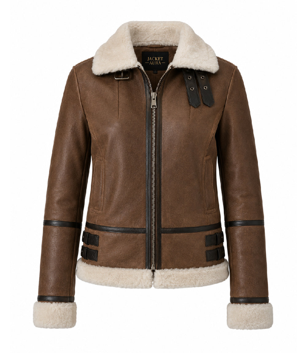 Women's Aviator Brown Leather Jacket - Jacket Aura