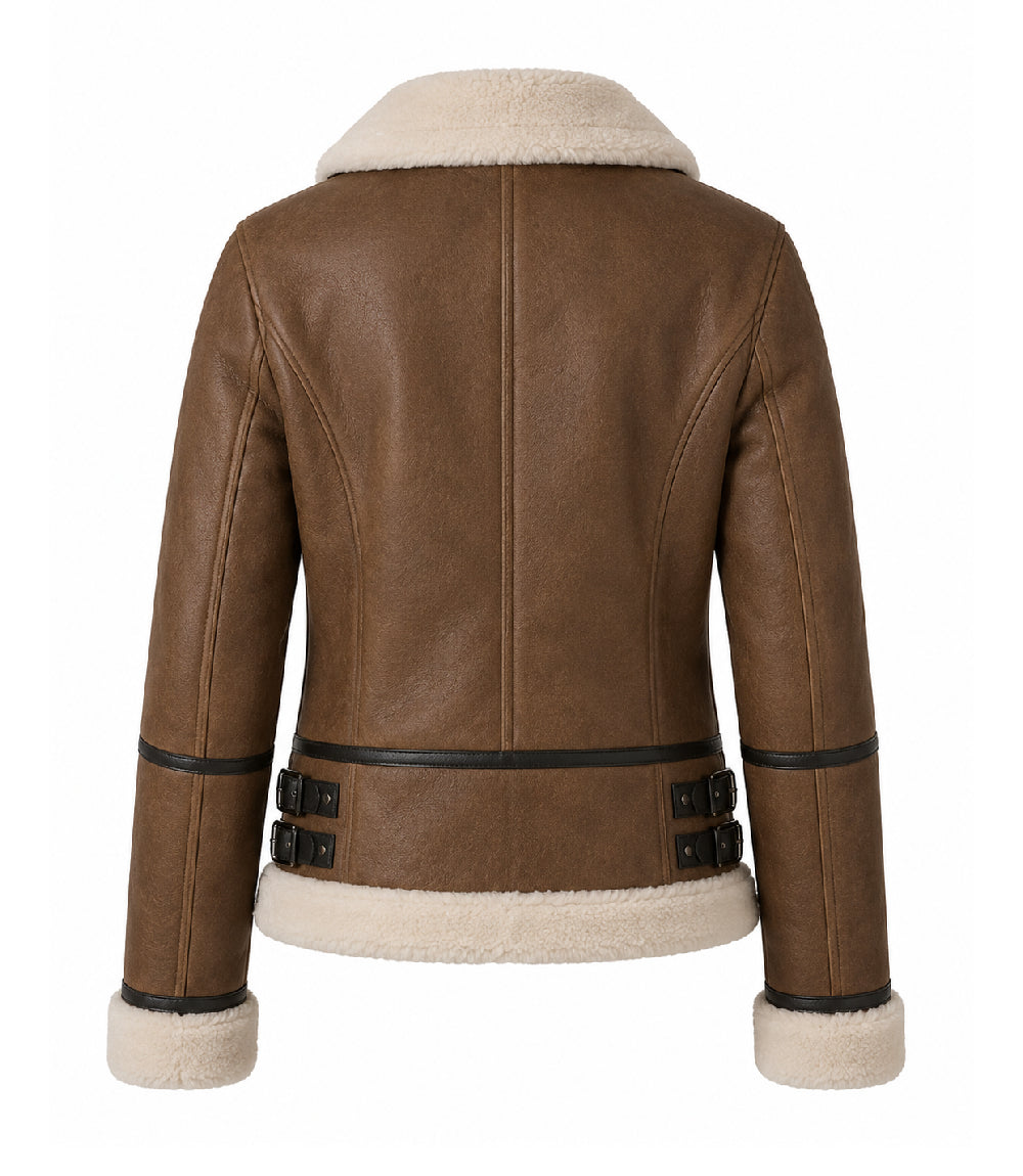 Women's Aviator Brown Leather Jacket Back - Jacket Aura
