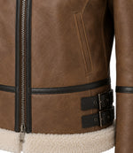 Women's Aviator Brown Leather Jacket Closeup - Jacket Aura