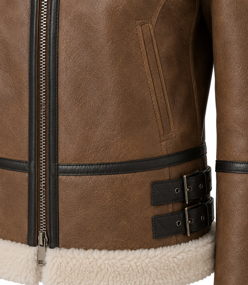 Women's Aviator Brown Leather Jacket Closeup - Jacket Aura