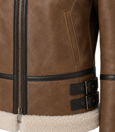 Women's Aviator Brown Leather Jacket Closeup - Jacket Aura