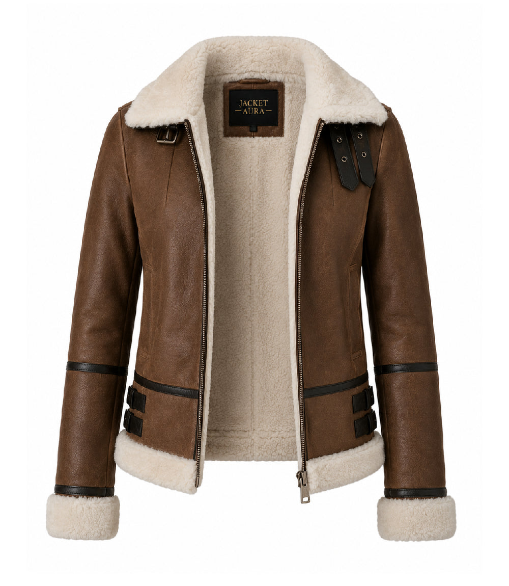 Women's Aviator Brown Leather Jacket Front - Jacket Aura
