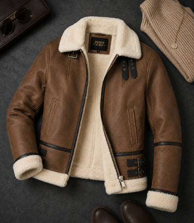 Women's Aviator Brown Leather Jacket Front View - Jacket Aura