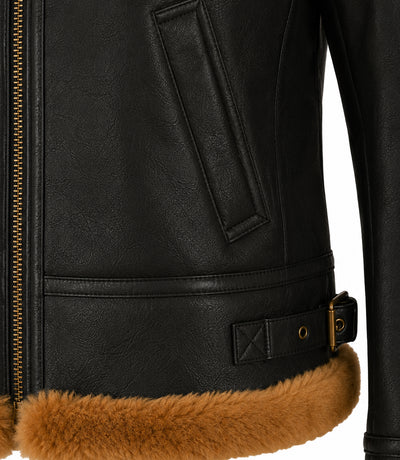 Women's Black B3 Aviator Leather Jacket Closeup - Jacket Aura