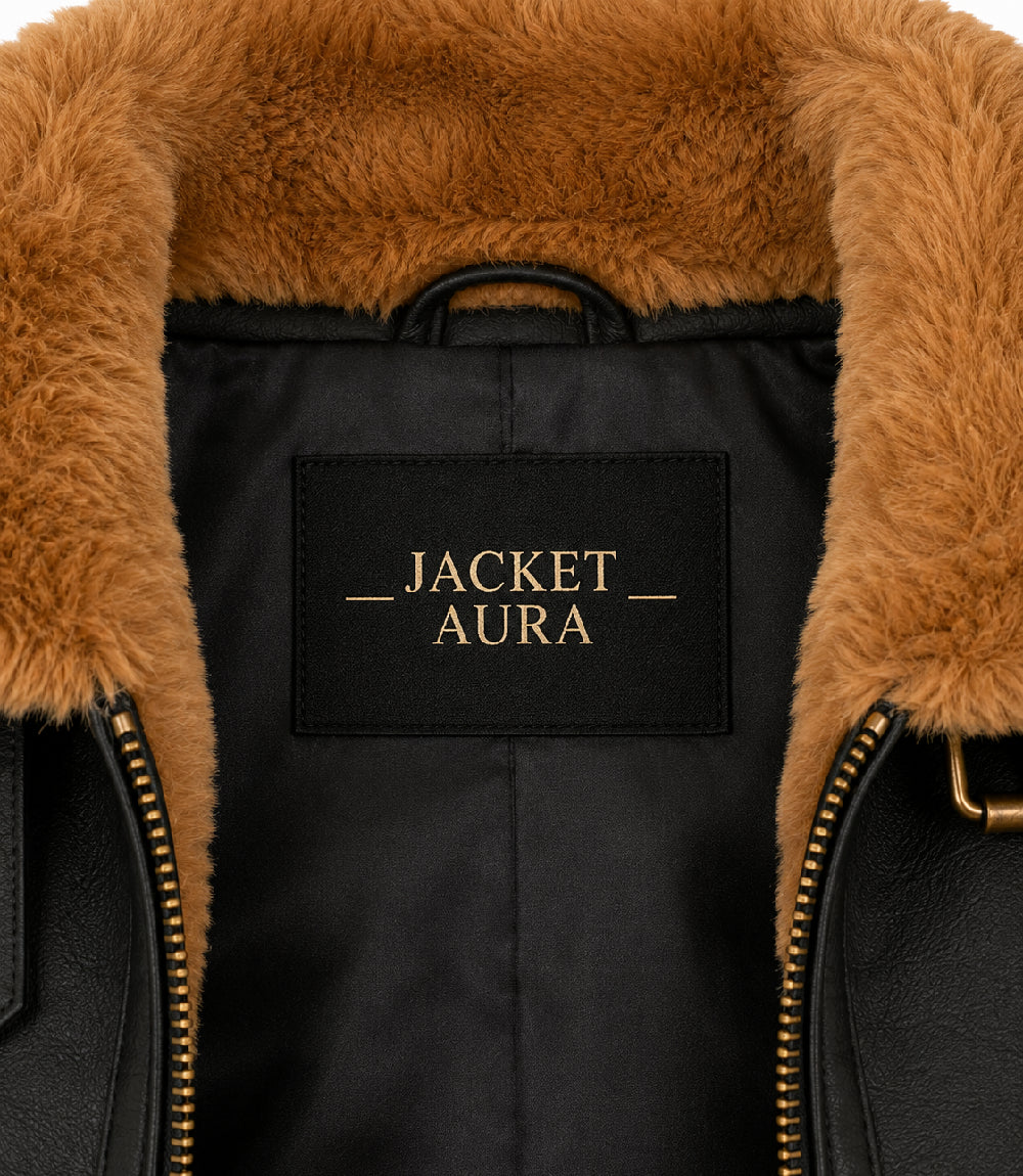 Women's Black B3 Aviator Leather Jacket Collar - Jacket Aura