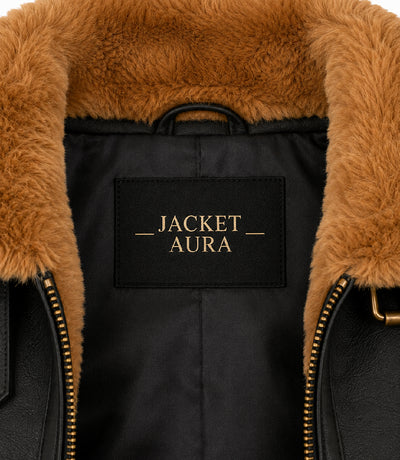 Women's Black B3 Aviator Leather Jacket Collar - Jacket Aura