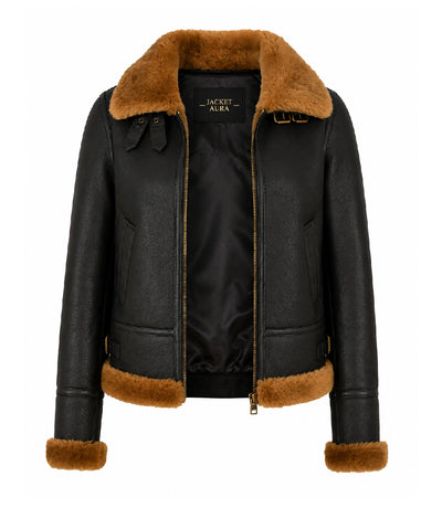 Women's Black B3 Aviator Leather Jacket Front - Jacket Aura