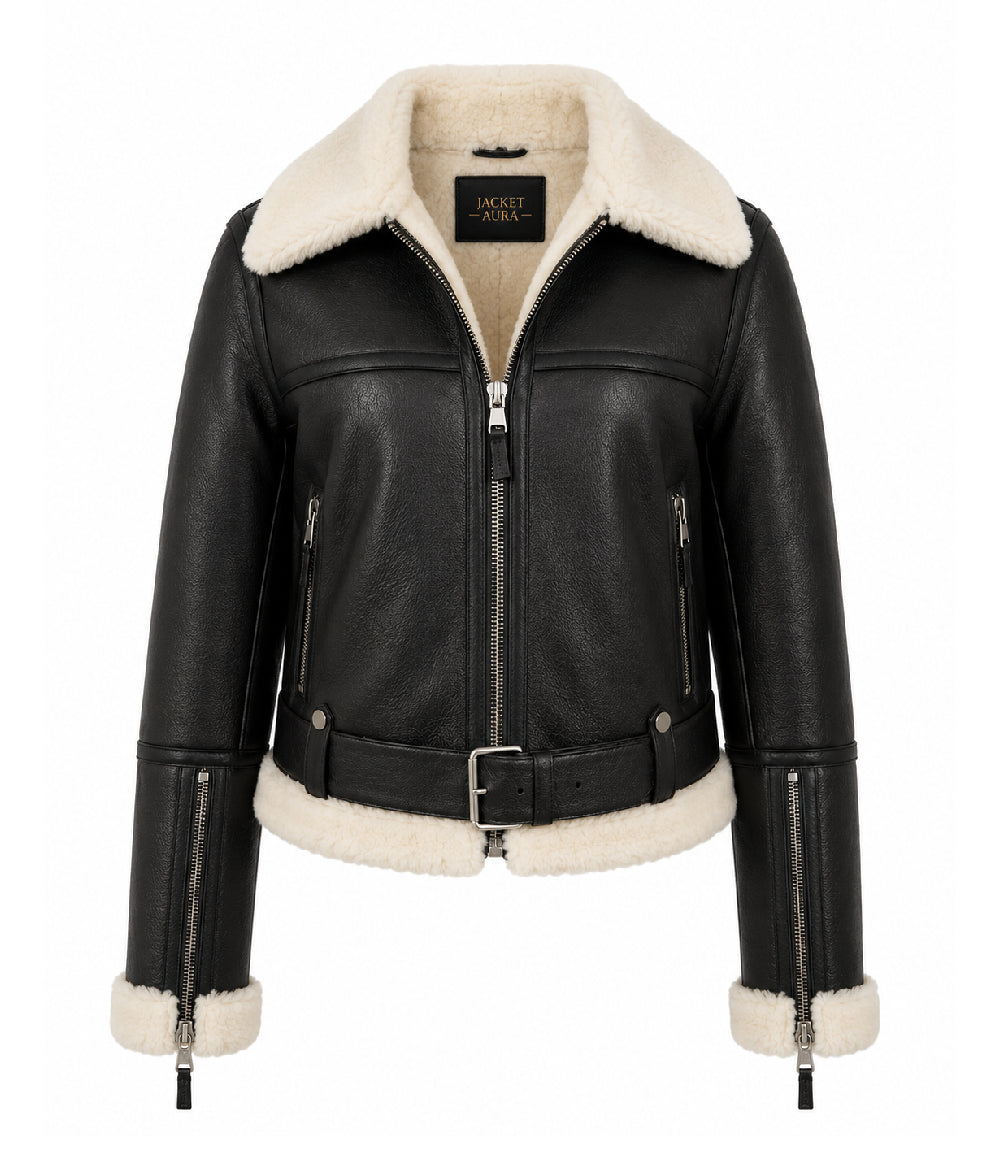 Women's Black B3 Sheepskin Aviator Jacket - Jacket Aura