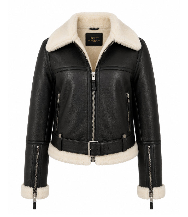 Women's Black B3 Sheepskin Aviator Jacket - Jacket Aura