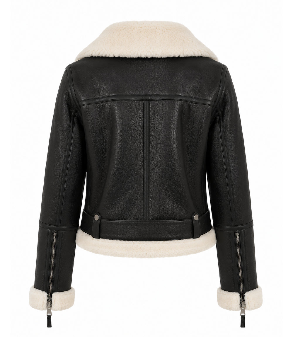Women's Black B3 Sheepskin Aviator Jacket Back - Jacket Aura