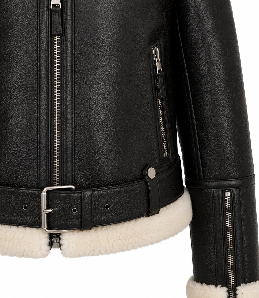 Women's Black B3 Sheepskin Aviator Jacket Closeup - Jacket Aura