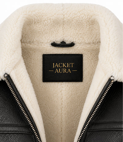 Women's Black B3 Sheepskin Aviator Jacket Collar - Jacket Aura
