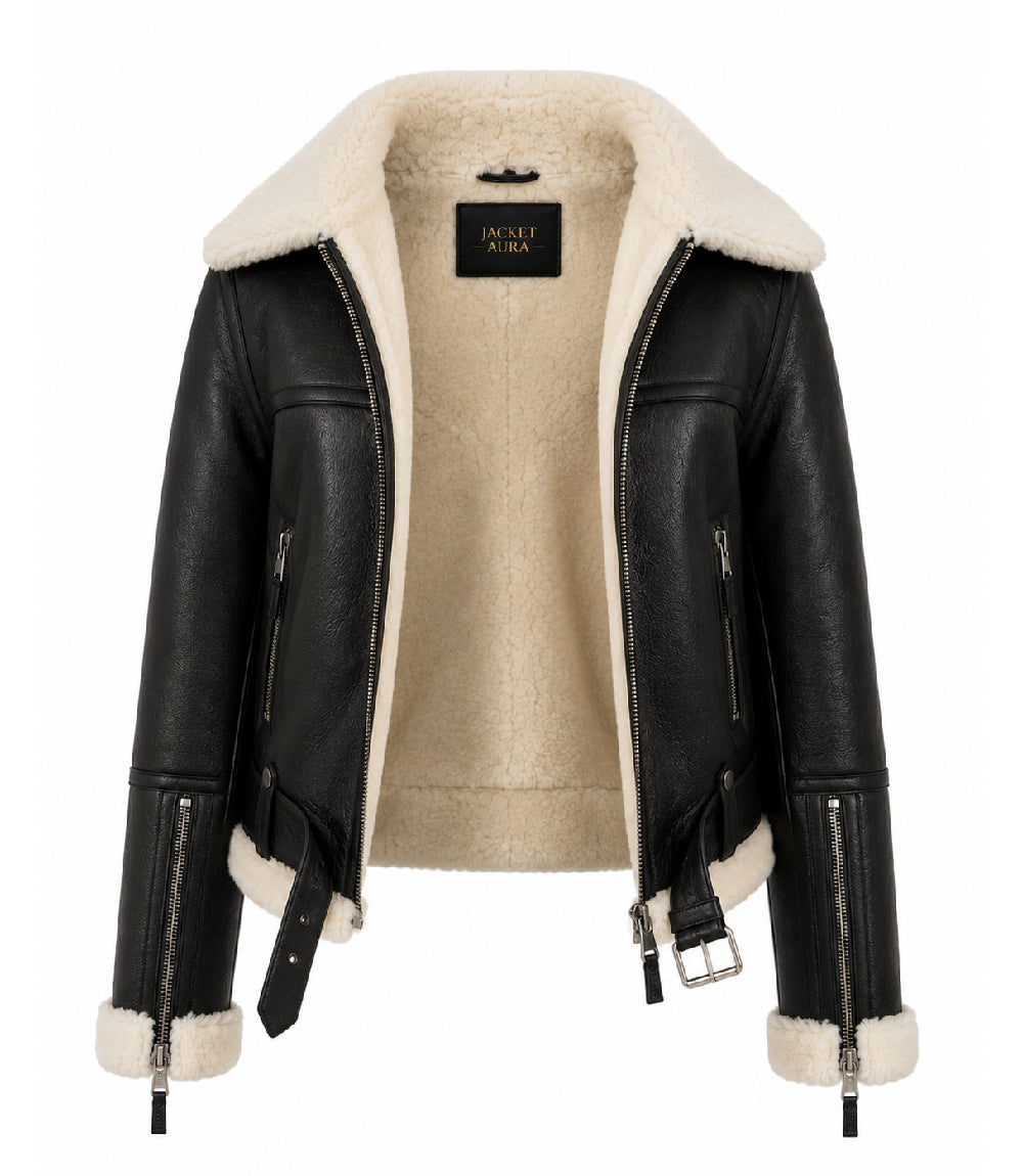 Womens Black B3 Sheepskin Aviator Jacket Front - Jacket Aura