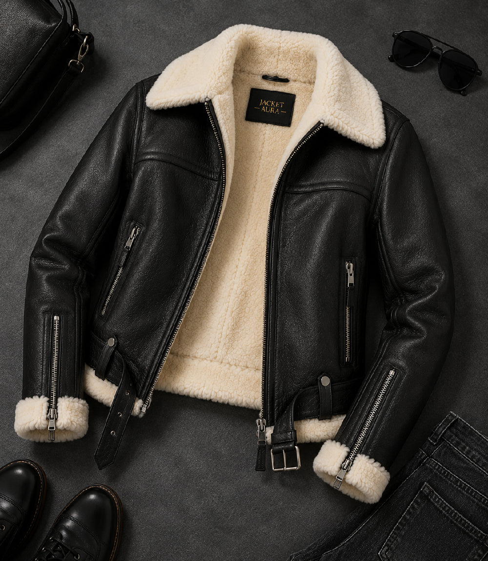 Women's Black B3 Sheepskin Aviator Jacket Front View - Jacket Aura