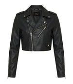 Women's Black Cropped Biker Leather Jacket - Jacket Aura