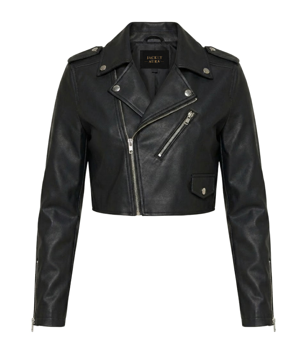 Women's Black Cropped Biker Leather Jacket - Jacket Aura