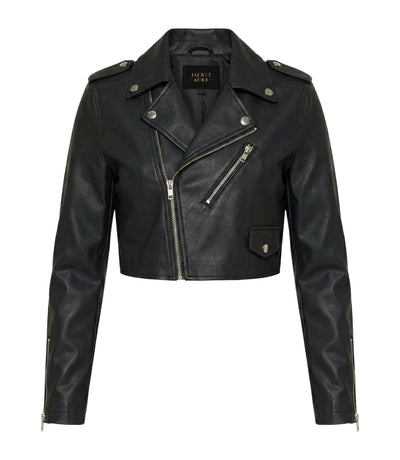 Women's Black Cropped Biker Leather Jacket - Jacket Aura