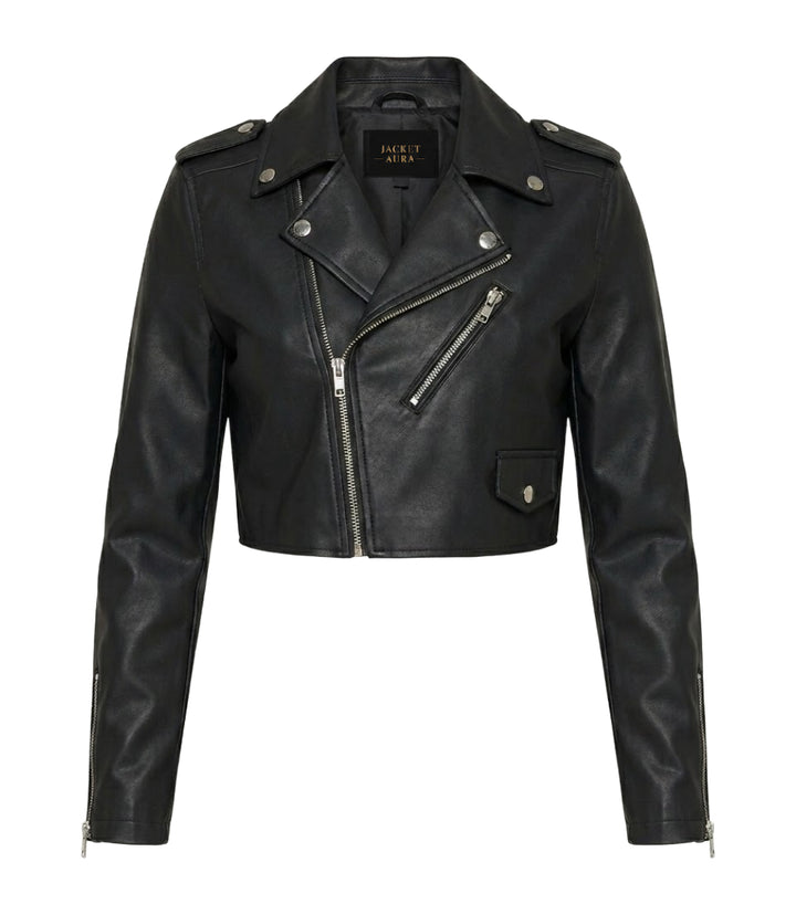 Women's Black Cropped Biker Leather Jacket - Jacket Aura