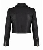 Women's Black Cropped Biker Leather Jacket Back - Jacket Aura