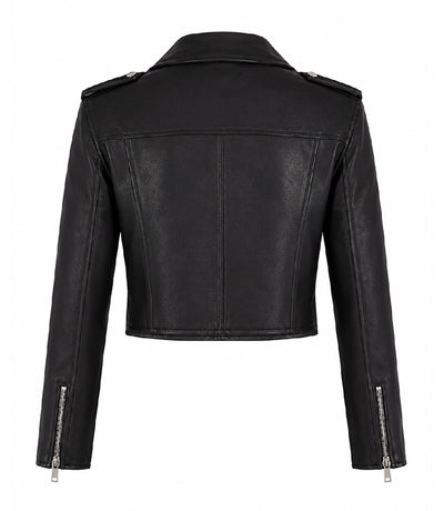 Women's Black Cropped Biker Leather Jacket Back - Jacket Aura