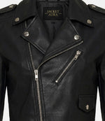 Women's Black Cropped Biker Leather Jacket Closeup - Jacket Aura