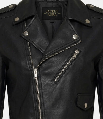 Women's Black Cropped Biker Leather Jacket Closeup - Jacket Aura