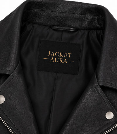 Women's Black Cropped Biker Leather Jacket Collar - Jacket Aura