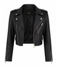 Women's Black Cropped Biker Leather Jacket Front - Jacket Aura