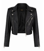 Women's Black Cropped Biker Leather Jacket Front - Jacket Aura