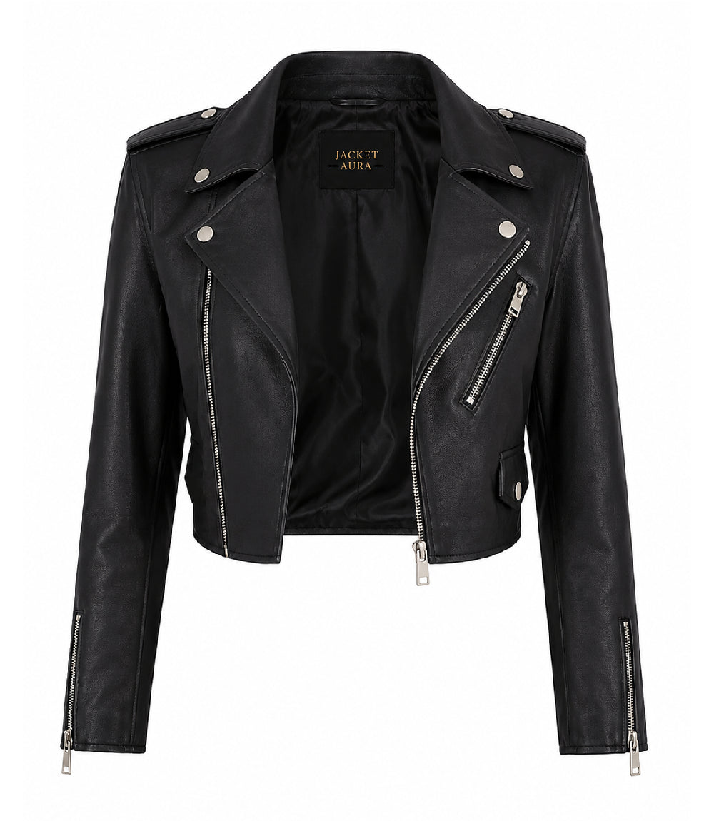 Women's Black Cropped Biker Leather Jacket Front - Jacket Aura