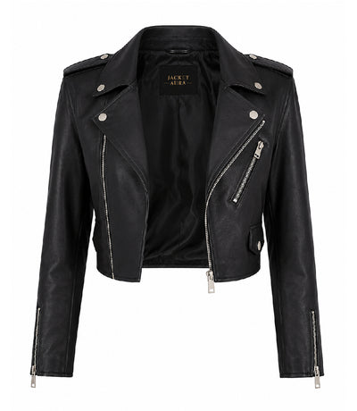 Women's Black Cropped Biker Leather Jacket Front - Jacket Aura