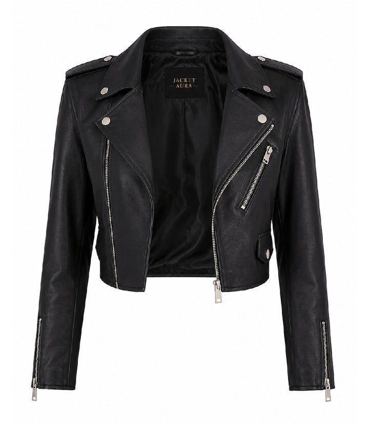 Women's Black Cropped Biker Leather Jacket Front - Jacket Aura