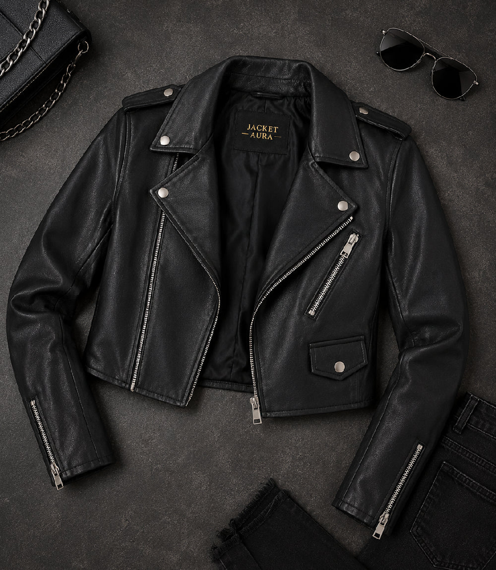 Women's Black Cropped Biker Leather Jacket Front View - Jacket Aura