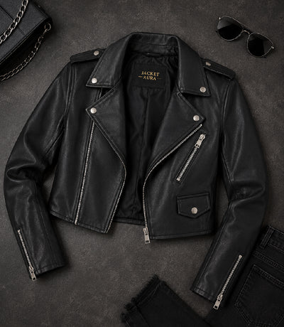 Women's Black Cropped Biker Leather Jacket Front View - Jacket Aura