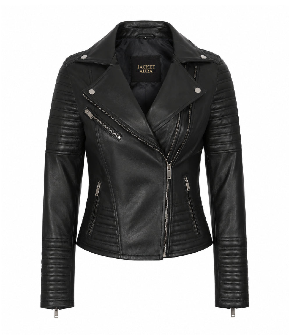 Women's Black Cropped Leather Biker Jacket - Jacket Aura