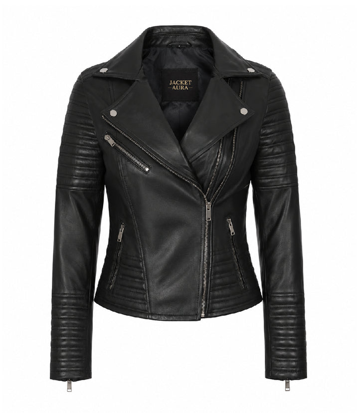 Women's Black Cropped Leather Biker Jacket - Jacket Aura