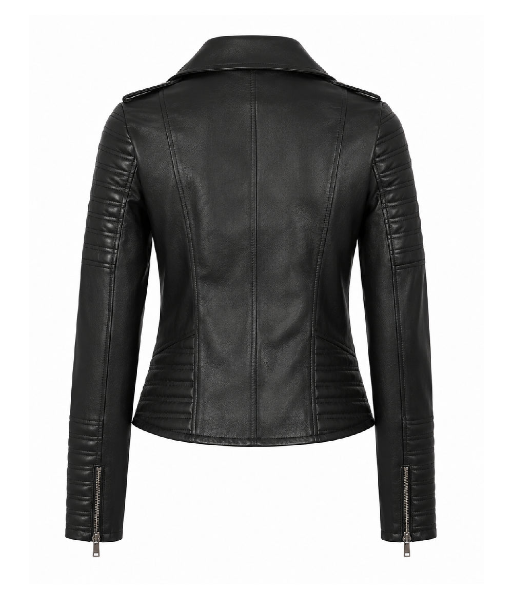 Women's Black Cropped Leather Biker Jacket Back - Jacket Aura
