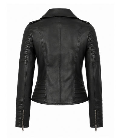 Women's Black Cropped Leather Biker Jacket Back - Jacket Aura