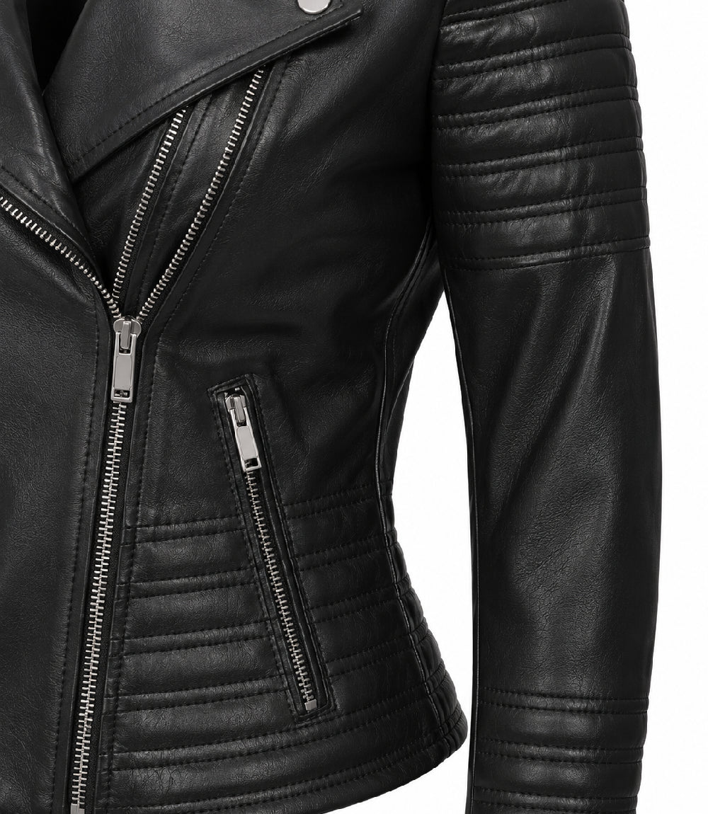 Women's Black Cropped Leather Biker Jacket Closeup - Jacket Aura