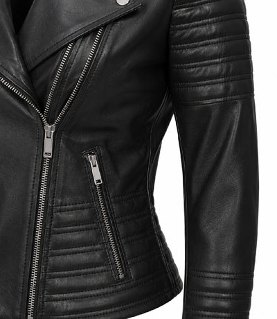 Women's Black Cropped Leather Biker Jacket Closeup - Jacket Aura