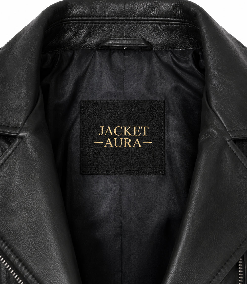 Women's Black Cropped Leather Biker Jacket Collar - Jacket Aura