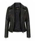 Women's Black Cropped Leather Biker Jacket Front - Jacket Aura