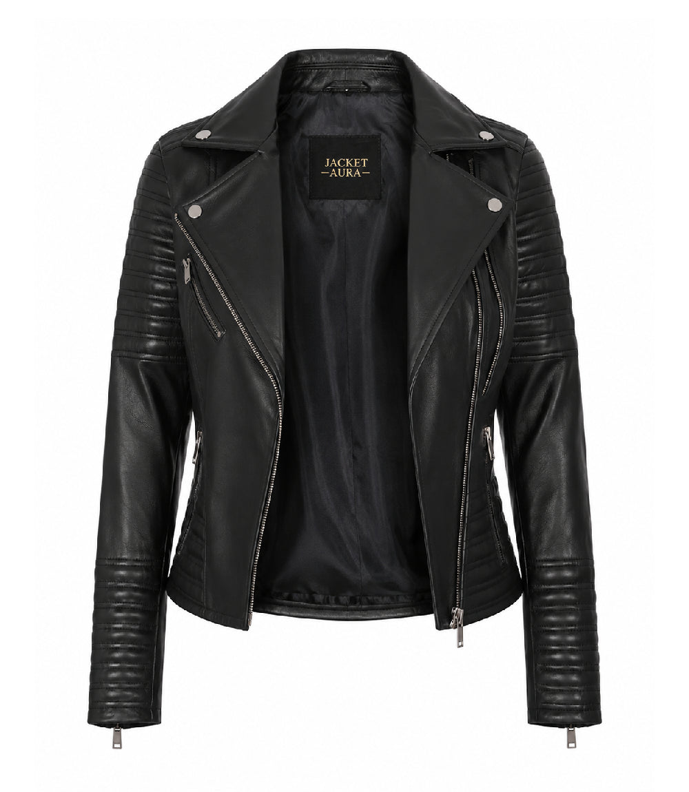 Women's Black Cropped Leather Biker Jacket Front - Jacket Aura